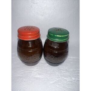 Vintage Berreteaga Barrel Salt And Pepper Shakers With Lids Amber Brown Glass